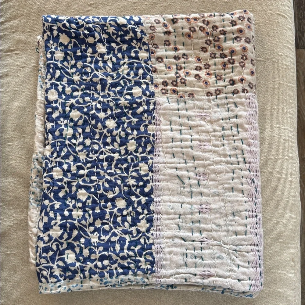 GUC - Anthropologie Kantha Upcycled Cotton Throw, Blue and Orange